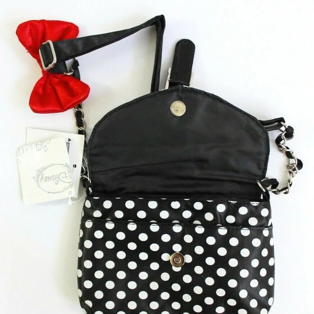 Disney Minnie Mouse Polkadot Bow Chain Fabric Strap Mini Bag Purse Black